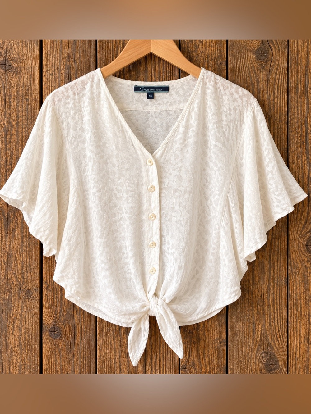 Shore White Jacquard Tie Front Blouse XS Rayon Made USA Dolman Sleeve